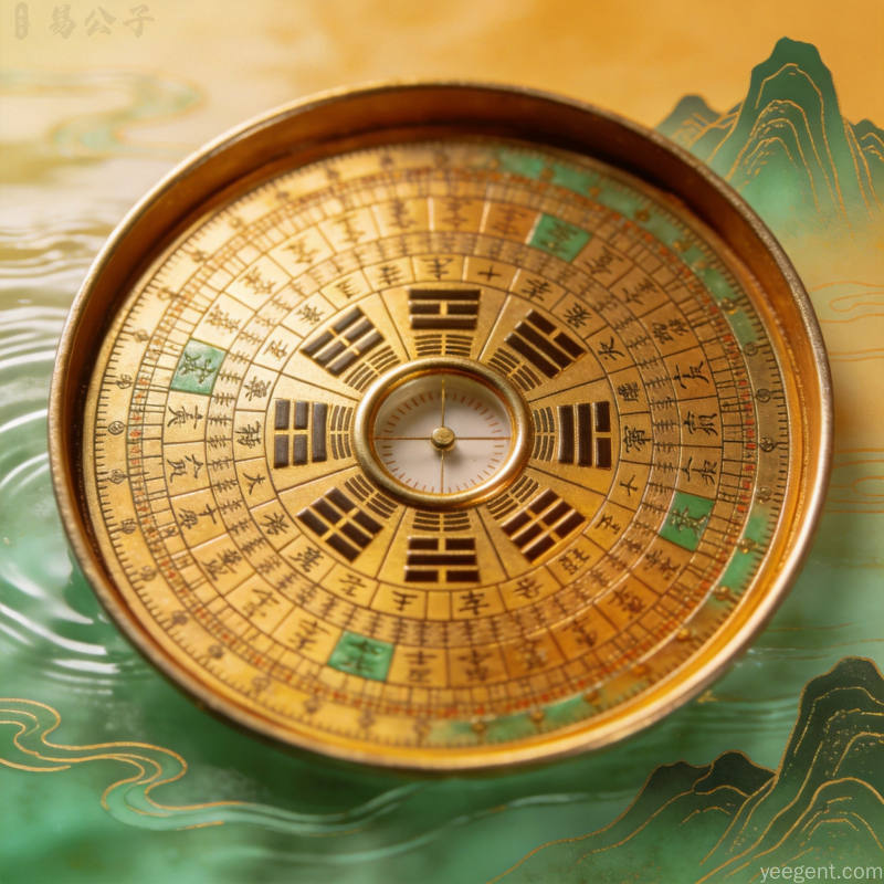 居住布局罗盘特写,八卦方位与同心圆环清晰可见,周遭隐现山水纹路,暖金色调