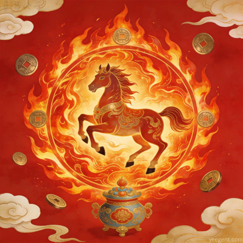 火马年财运转盘图案,国潮插画风格展现铜钱祥云与瑞马交相辉映,火焰纹理流动热烈繁荣景象