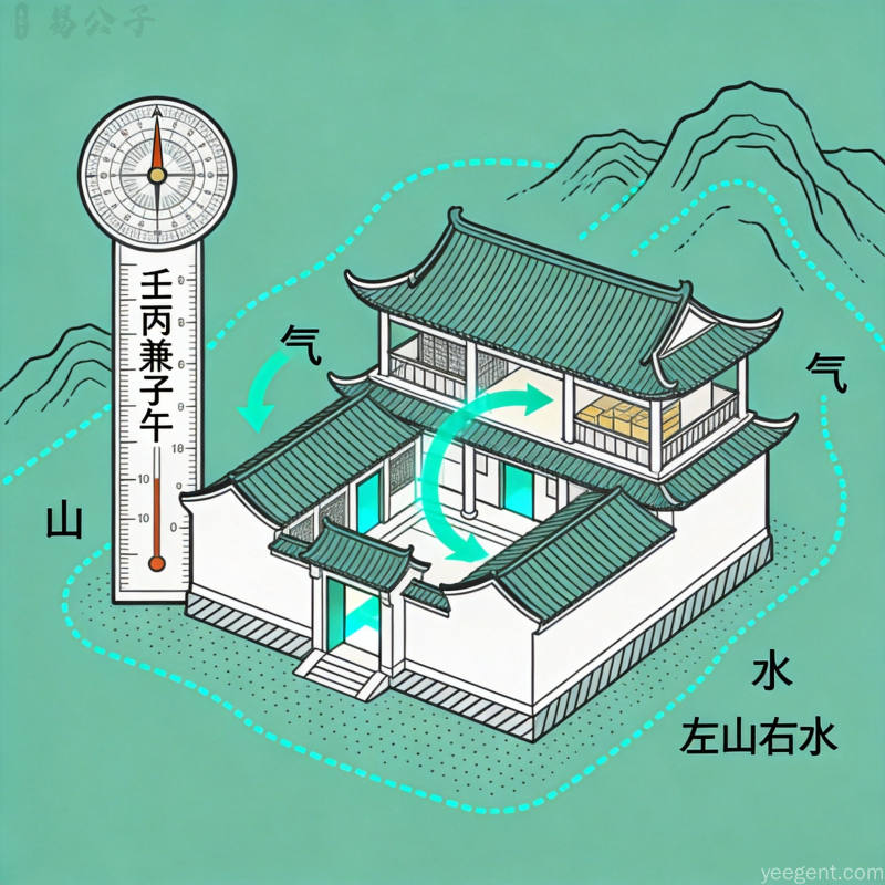 房屋方位峦头与五行流转的居住布局布局图,标注山、水、明堂方位关系