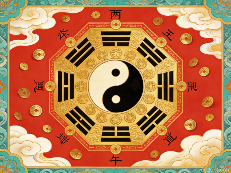 丙午年五行八卦图,国潮插画风格展现天干地支玄机,铜钱祥云与如意纹饰承载吉祥寓意