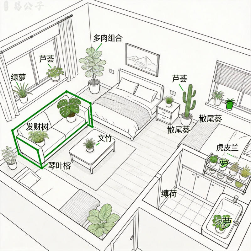 室内绿植方位布局平面图俯视不同房间推荐植物种类客厅大型卧室小型标注位置品种线稿图解清爽