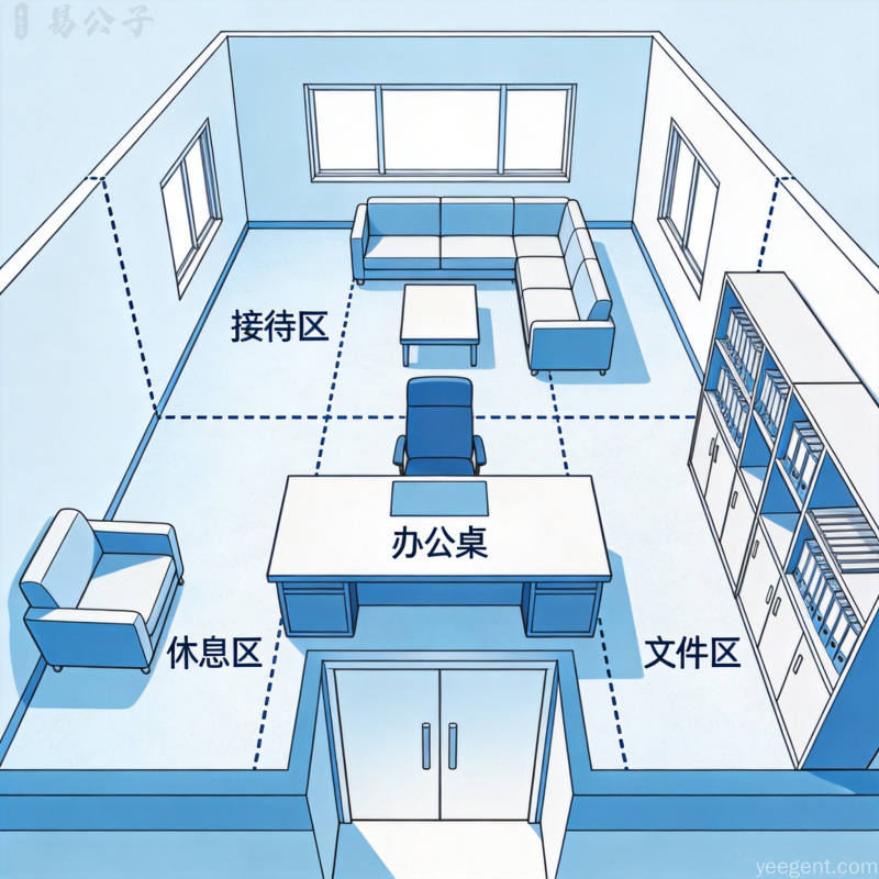 管理者办公室俯视空间规划老板桌居中正对门会客区在侧方书架文件柜靠实墙方位标注冷蓝专业