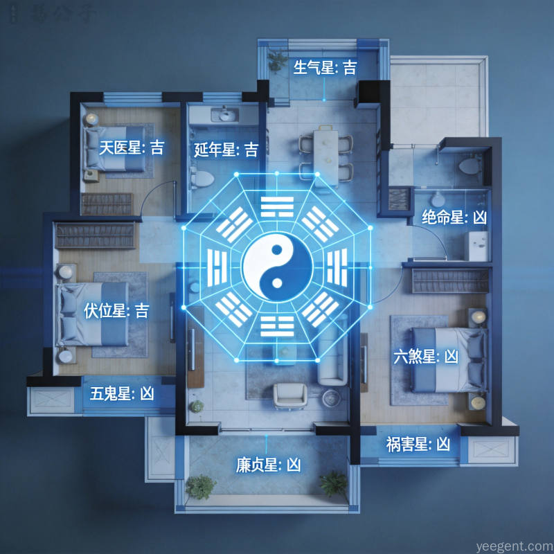 现代住宅叠加九星方位分析俯视户型图各房间标注对应星位属性吉凶实用专业冷蓝色调