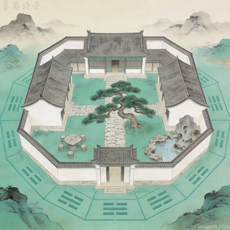 传统中式院落俯瞰视角展示方正房屋轮廓与庭院绿植小径方位标记青绿山水风格