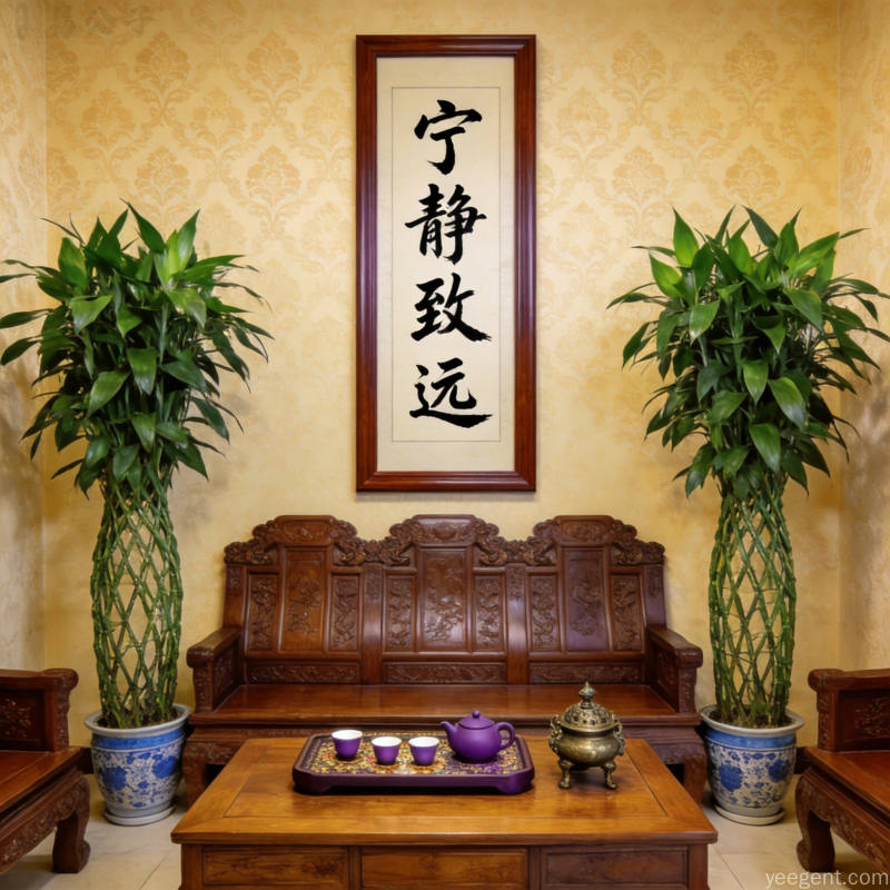 中式客厅沙发搭配细节上方书法字画两侧发财树绿植茶几精致茶盘古典雅致暖金色调