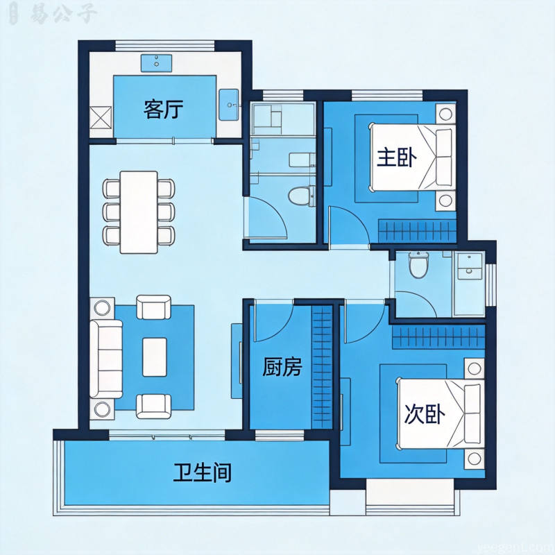 现代住宅室内俯瞰各房间按方位标注功能分区客厅朝南卧室朝东线条简洁冷蓝色调专业实用