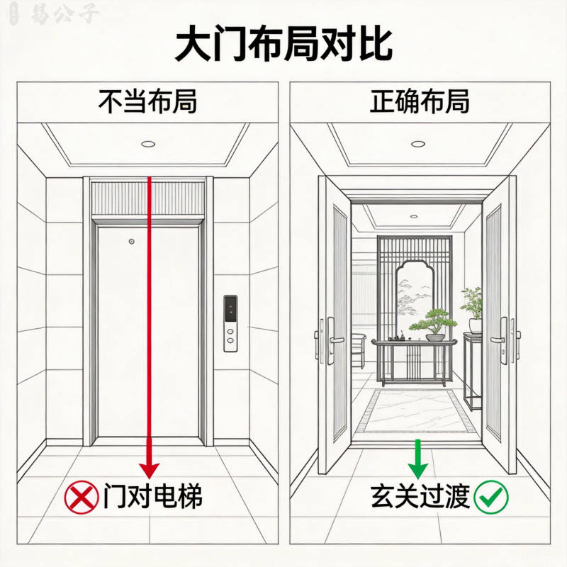 大门正对场景对比图左侧门对电梯口不当布局红色标注右侧门对开阔玄关正确布局绿色线稿图解