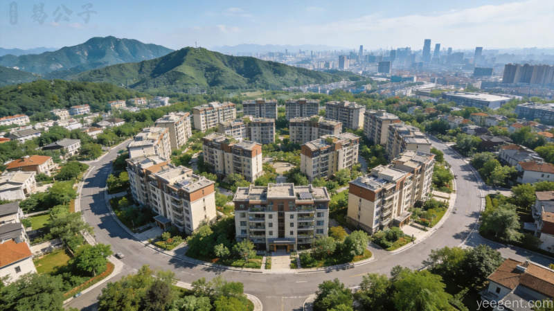 社区整体环境俯瞰图住宅楼中央四周绿化环绕道路环通社区整洁有序远处青山城市轮廓实用专业明亮色调