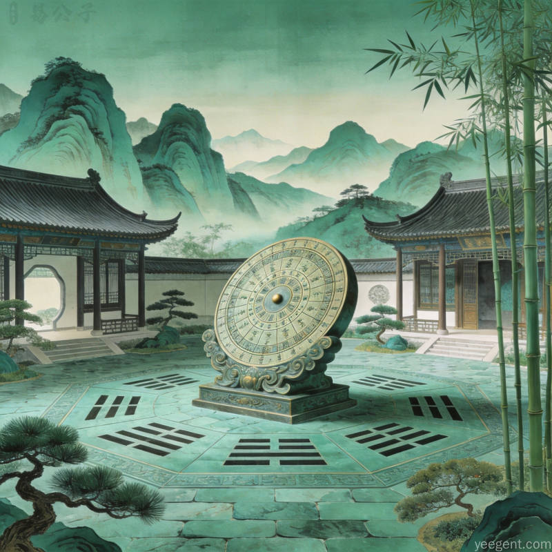 中式庭院全景侧视视角大型罗盘雕塑对应八方方位四周建筑环绕远景山水青绿山水画风格大气稳重