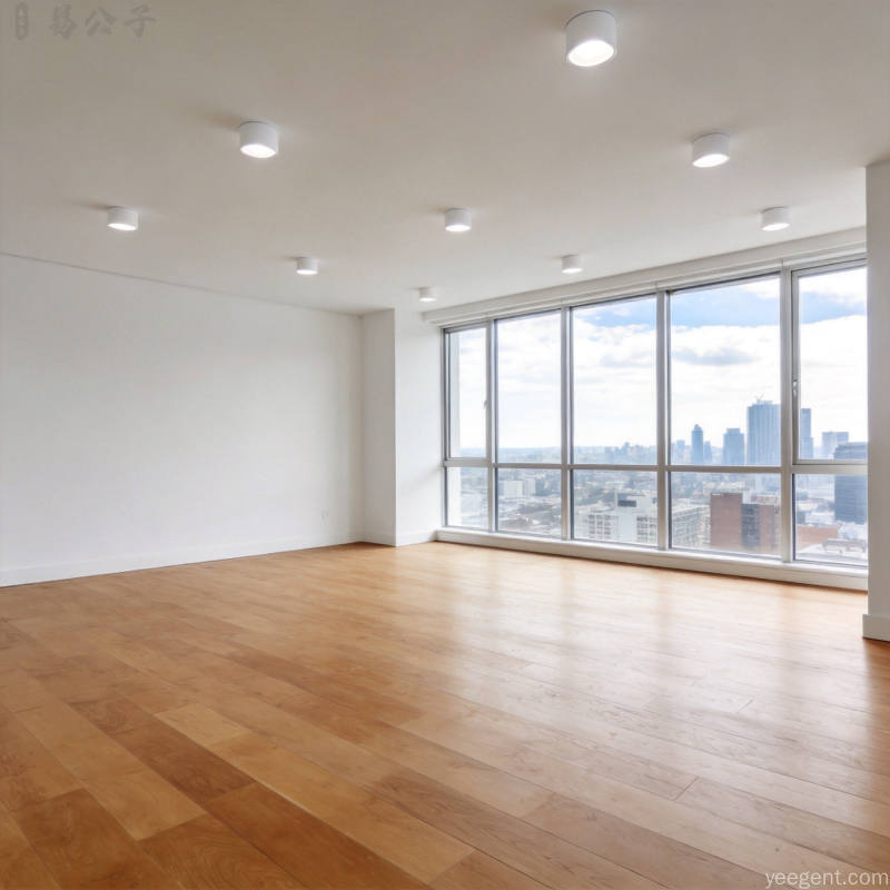 二手房室内实景空旷明亮客厅木地板完好墙面洁白落地窗外城市远景空间方正通透实用风格