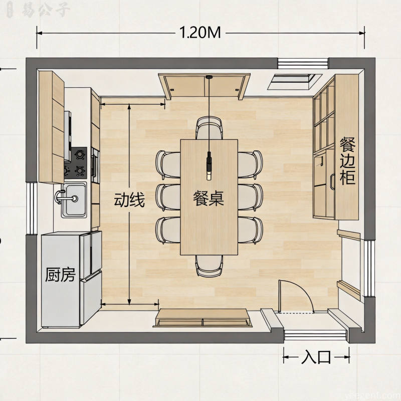 现代简约餐厅空间布局平面图展示餐桌椅摆放位置与厨房动线设计浅木色调专业规划