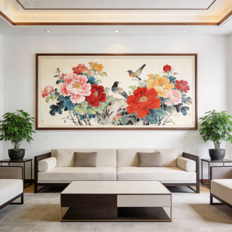 现代客厅中央悬挂大幅牡丹花鸟画色彩鲜艳两侧对称绿植下方简约沙发暖白祥和宁静装饰风格