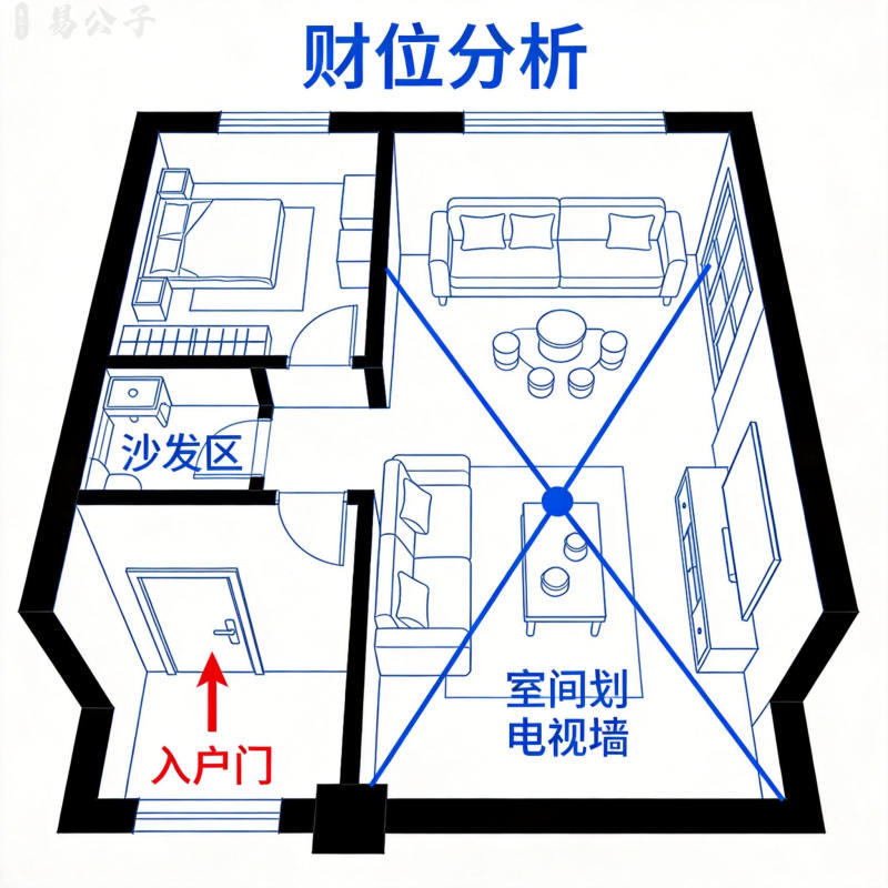 客厅空间规划与财位分析俯视视角完整户型图标注入户门位置和财位对角线交汇点线稿图解蓝色专业