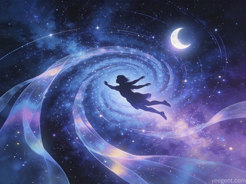 星空梦幻风格的梦境飞翔意象插画,人物剪影在银河间自由翱翔浪漫唯美