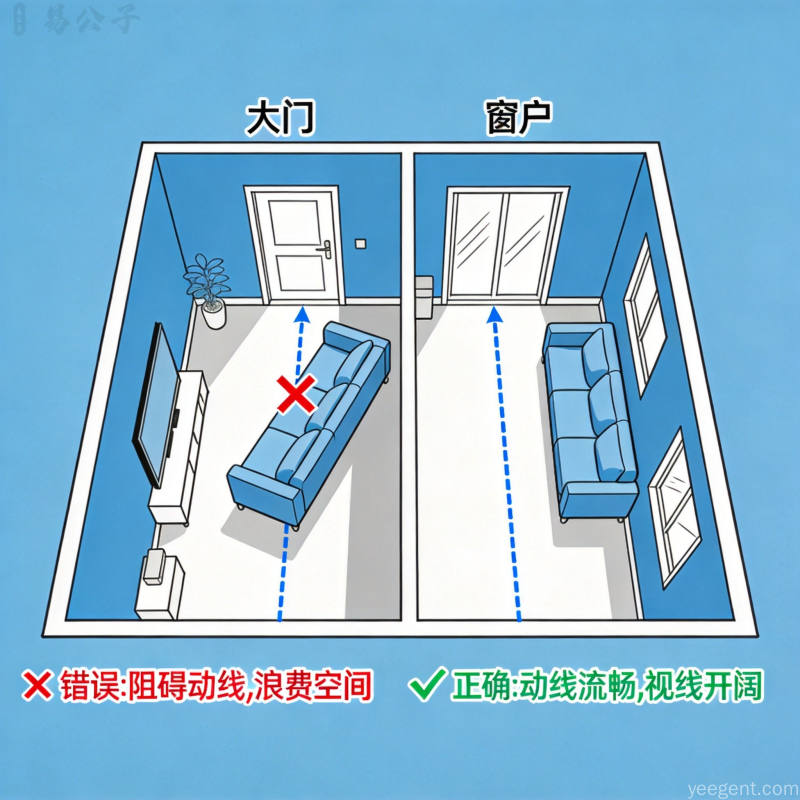 客厅沙发方位分析俯视视角展示正确与错误摆放位置对比标注门窗方位视线关系线稿蓝色调