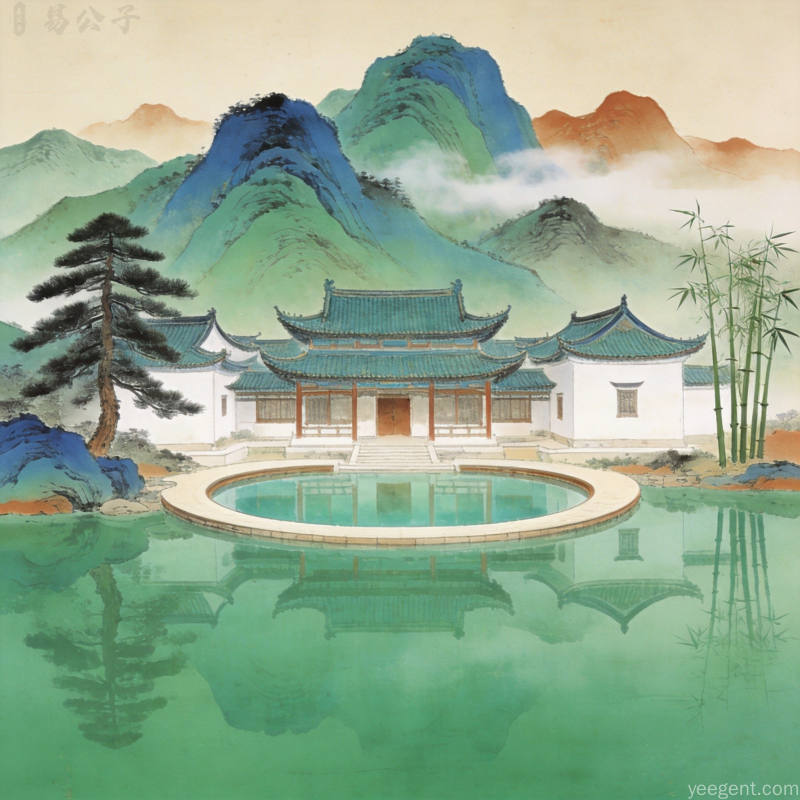 传统中式建筑依山傍水远处青山近处碧水房屋藏风聚气环境理念青绿山水画风格宁静大气