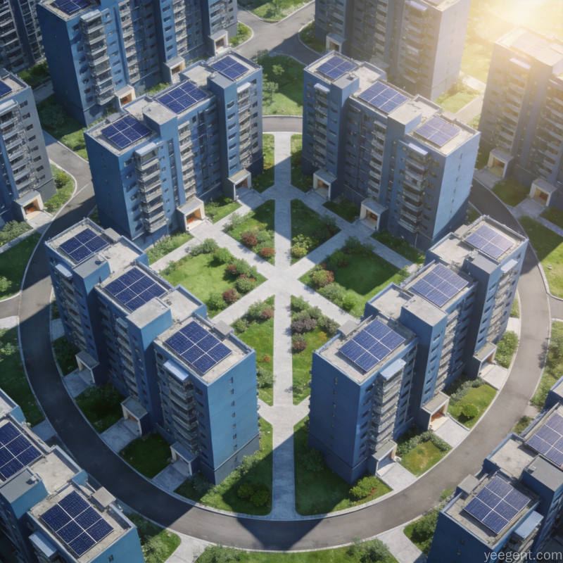 现代住宅小区鸟瞰图呈现整齐楼栋排列与道路绿化环绕明亮色调专业规划
