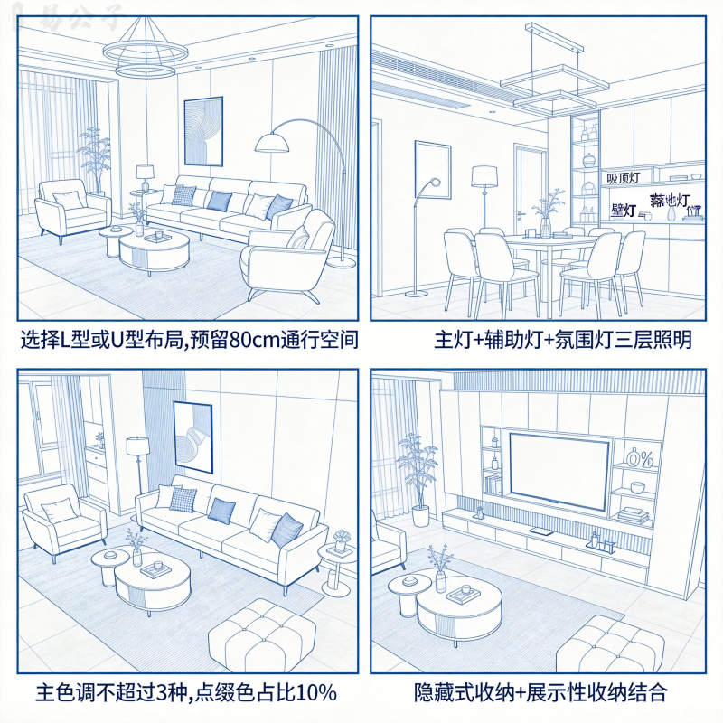 客厅装修要点分区图解四分区展示沙发区照明区色彩区收纳区示意图标注平面设计线稿风格蓝色专业
