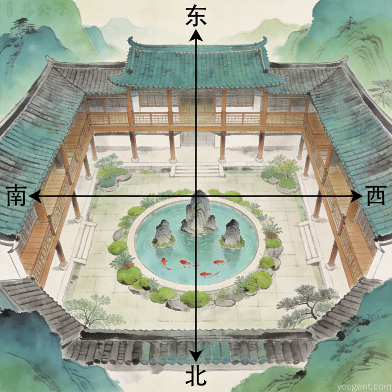 中式大宅内部庭院鸟瞰回字形建筑围合天井中央圆形鱼池绿植方位标注青绿山水风格