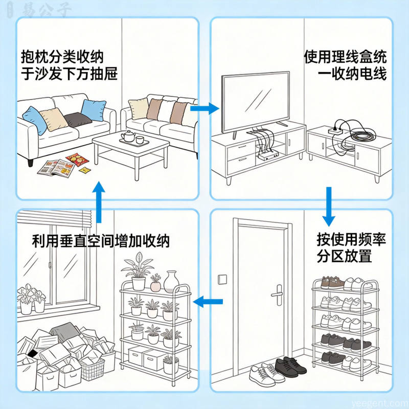 客厅归置步骤图解分格展示四个区域整理前后对比标注收纳要点空间动线清爽蓝白线稿风格