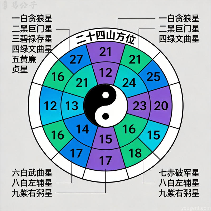 玄空飞星盘详解圆形罗盘叠加九宫格飞星数字排列不同颜色区分元运平面图解冷色专业风格