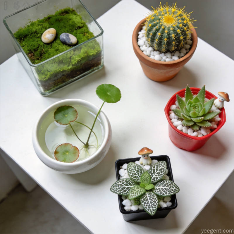 办公桌面微型植物景观组合俯拍视角苔藓微景观仙人掌铜钱草小型植物排列清爽绿色调平面设计
