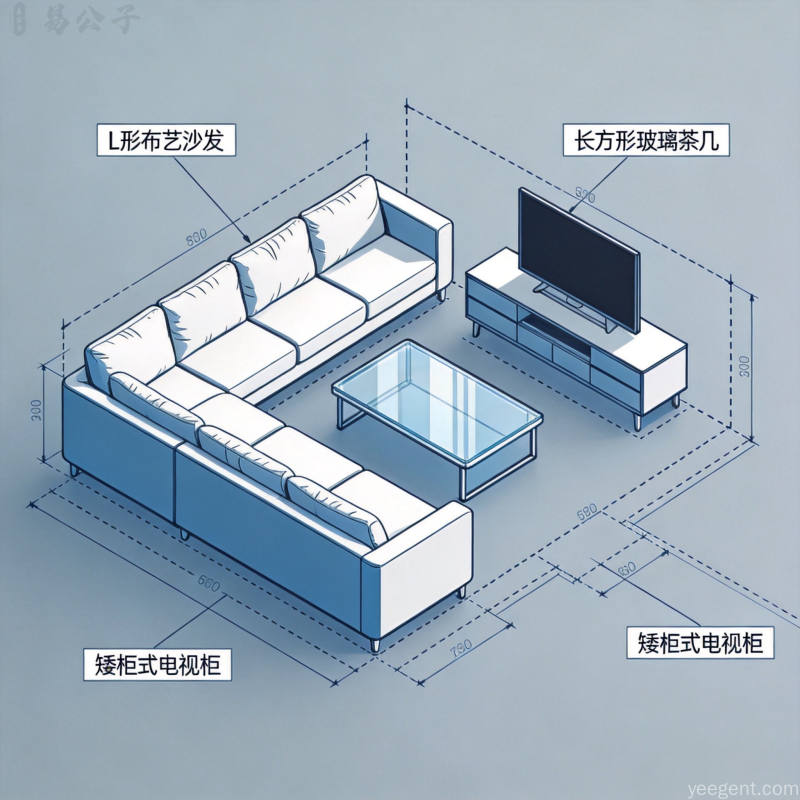 现代客厅空间布局俯视平面图展示沙发茶几电视柜位置标注体现分区规划