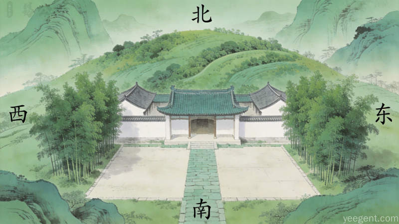 住宅周边环境俯瞰图房屋后方缓坡小山丘前方开阔平地左右绿树环绕方位标注清晰青绿山水风格