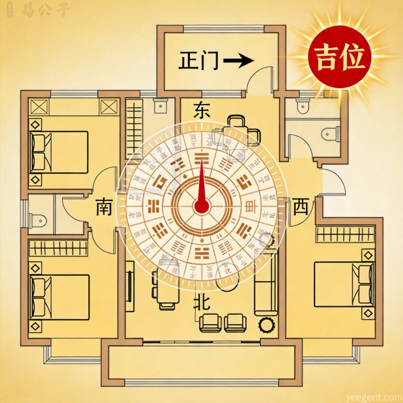 中式家居方位示意平面图标房屋格局正门朝向与吉位方向罗盘叠加户型图实用专业暖色调