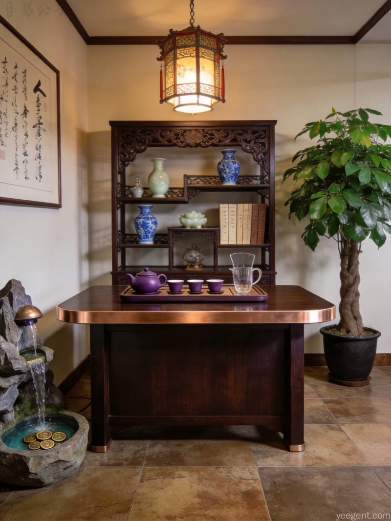 中式办公室茶歇区功夫茶台博古架展示品角落发财树流水摆件营造会客洽谈氛围古典雅致暖木色调