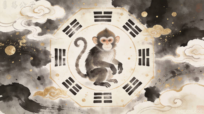 属猴人运势走势分析图,水墨风格传统文化意境