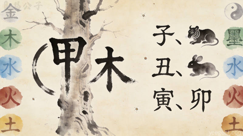 水墨命盘图案展示五行相生相克的关系,天干地支符号排列,体现传统命理学的哲学思想