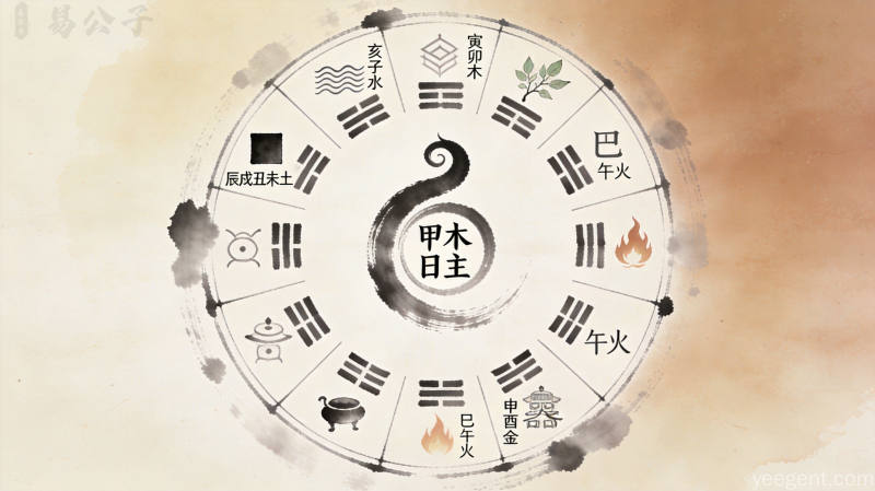 古籍风格展示甲木日主十神关系表,五行生克示意图,体现传统命理学术语的专业性