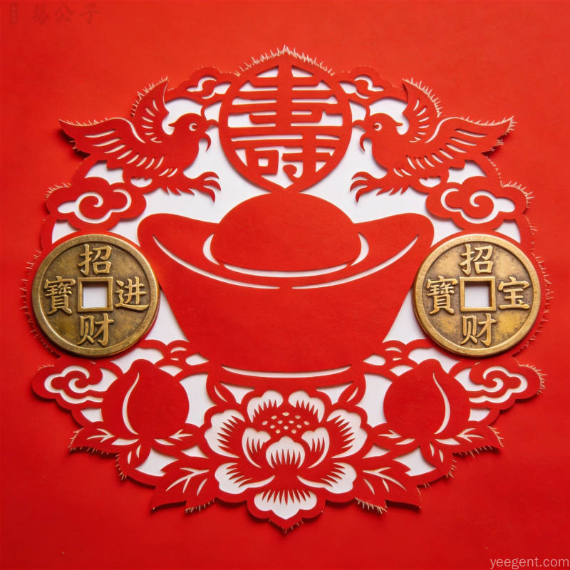 中国传统文化剪纸艺术风格,钱币元宝与吉祥纹样,喜庆民俗节日氛围 中国传统文化剪纸艺术风格,钱币元宝与吉祥纹样,喜庆民俗节日氛围