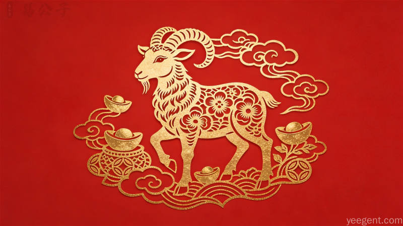 生肖羊剪纸图案,古典金线勾勒,祥云元宝元素,吉祥富贵寓意