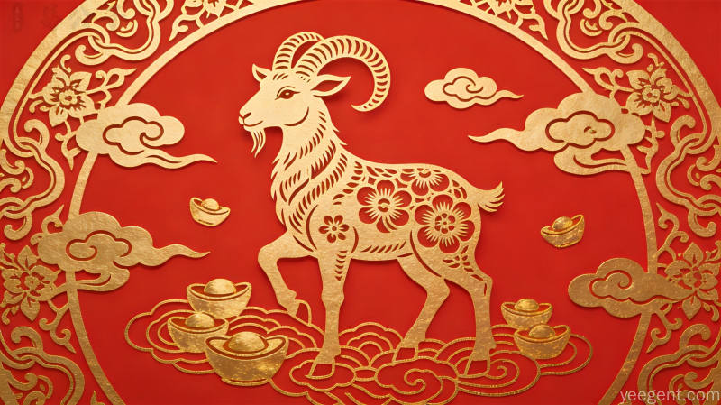 国潮风格生肖羊图,金线勾勒装饰,喜庆红色调,富贵吉祥氛围