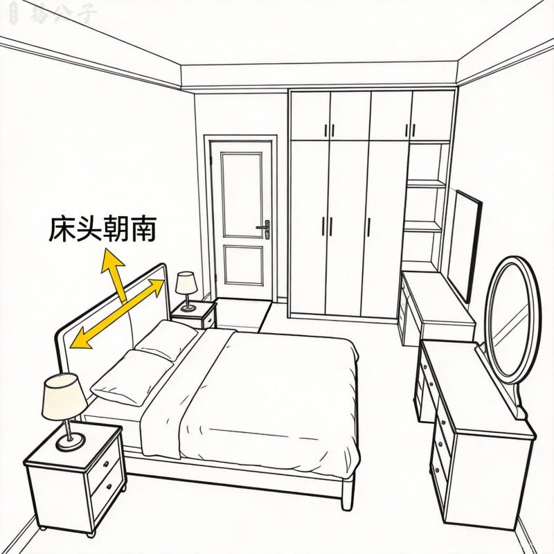 卧室居住布局床位摆放示意,五行方位与朝向选择,实用专业布局图解