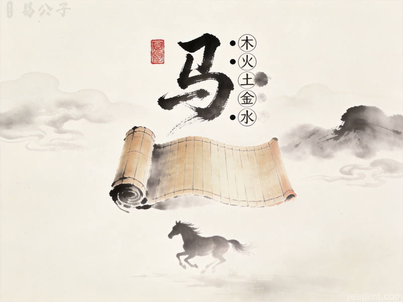 水墨风格展示五行属火的马字意象与传统符号,象征命理调和之道