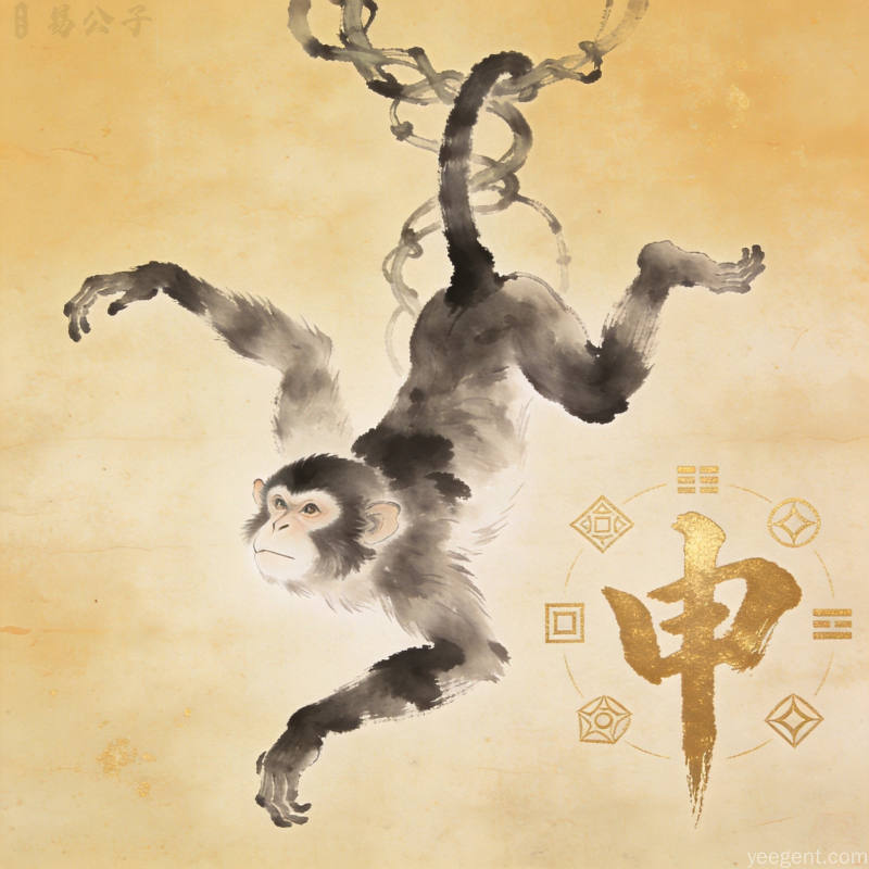 生肖猴剪影水墨画,申金意象与五行元素,传统国画风格,意境悠远神秘