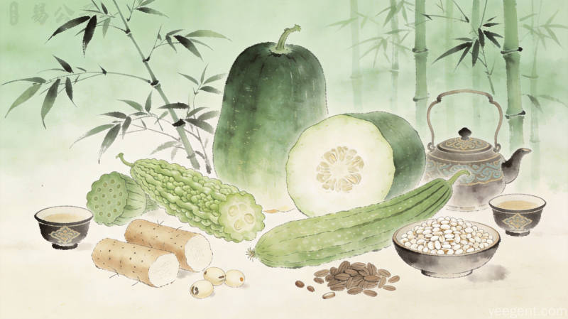 夏季养生食材图解,展示冬瓜、山药、薏米等健脾祛湿食材的实物组合,色彩鲜艳