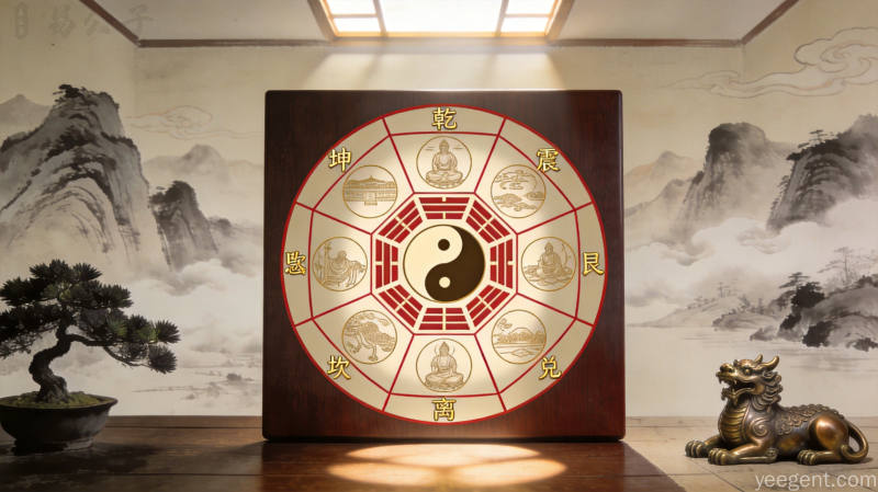 罗盘配合金色元宝元素,象征八白星带来的财富运势
