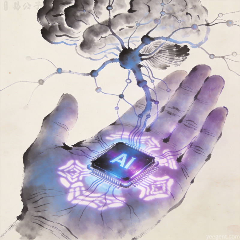 现代科技与传统命理对话场景,AI芯片与八卦符号