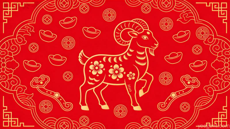 金线勾勒羊年吉祥图案,朱红底色背景,元宝如意铜钱环绕,喜庆富贵风格