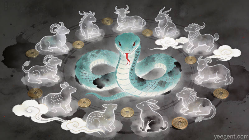 中国风生肖运势图,生肖动物剪影与五行八卦元素结合,宣纸纹理背景,2026年5月生肖运势分析