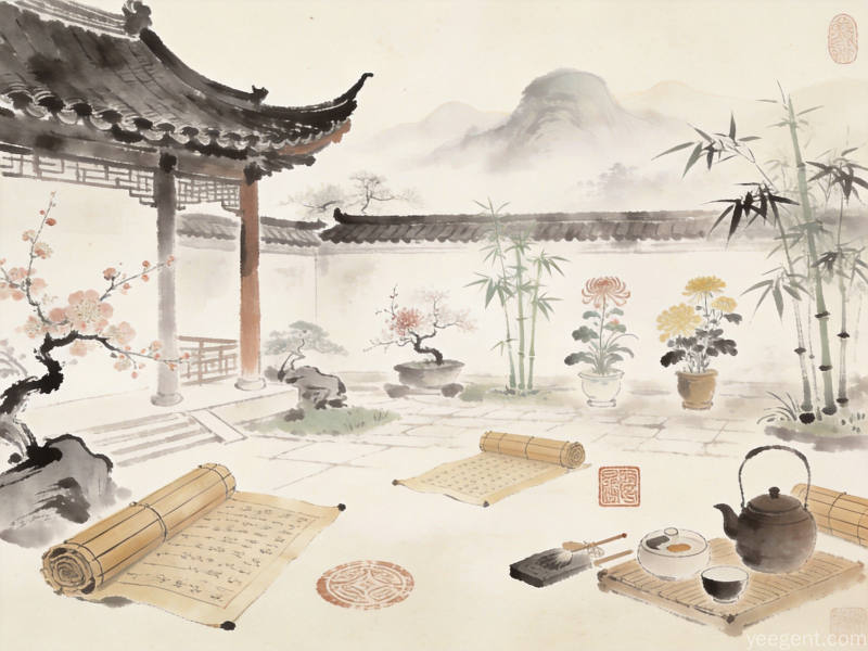 古建筑飞檐梅兰竹菊与山水意境,体现民俗文化传承的清雅氛围