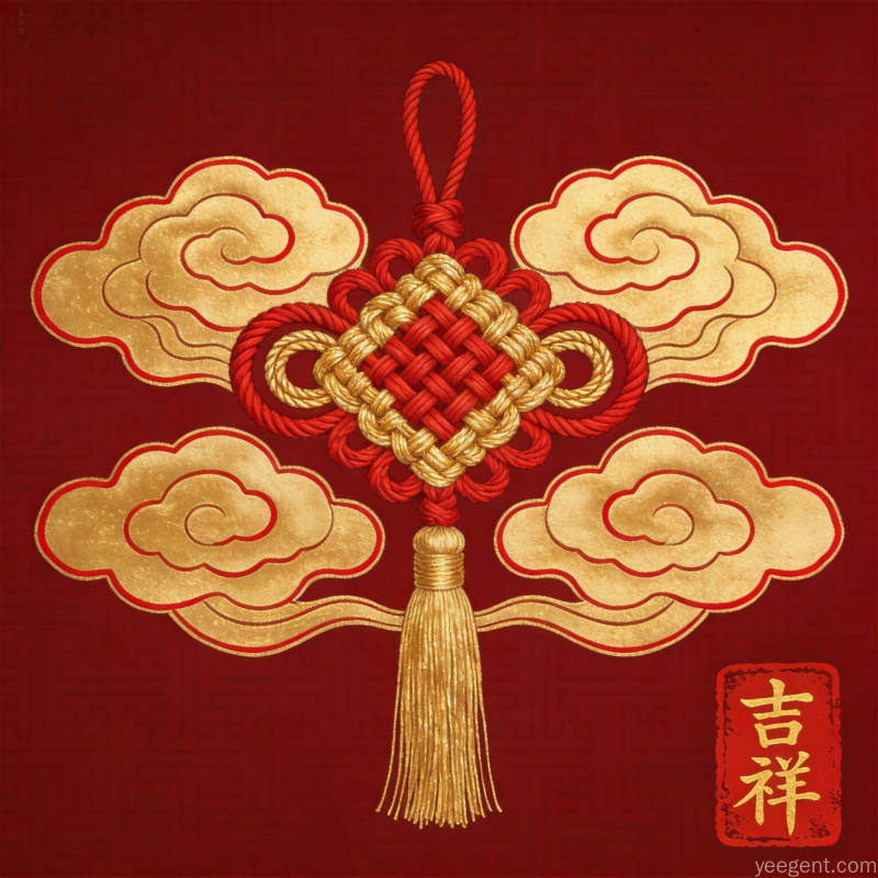 传统纹样祥云元素，红金配色喜庆氛围，婚丧嫁娶民俗文化象征
