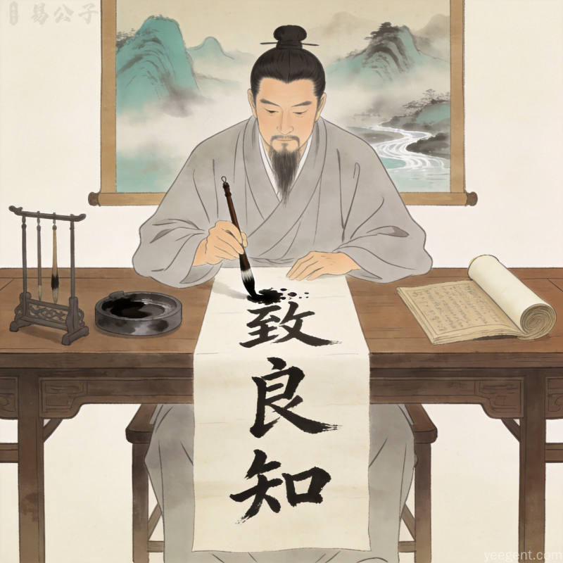 王阳明临终遗言场景，此心光明四字，古典雅致氛围