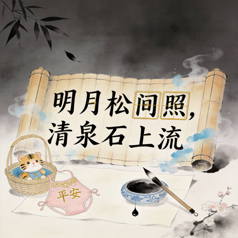 古风卷轴上的诗词与婴儿用品,展示诗词与起名的结合