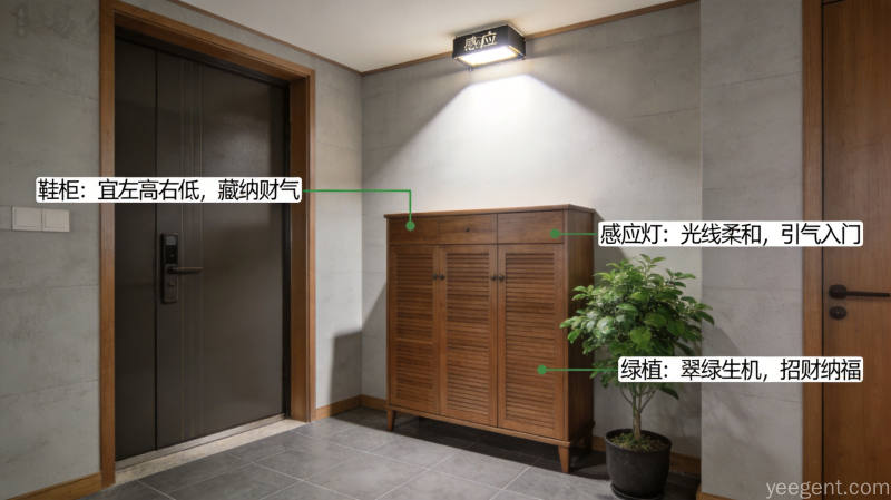 现代客厅居住布局布局示意图,沙发背靠实墙,财位摆放绿植,整体氛围温馨稳重
