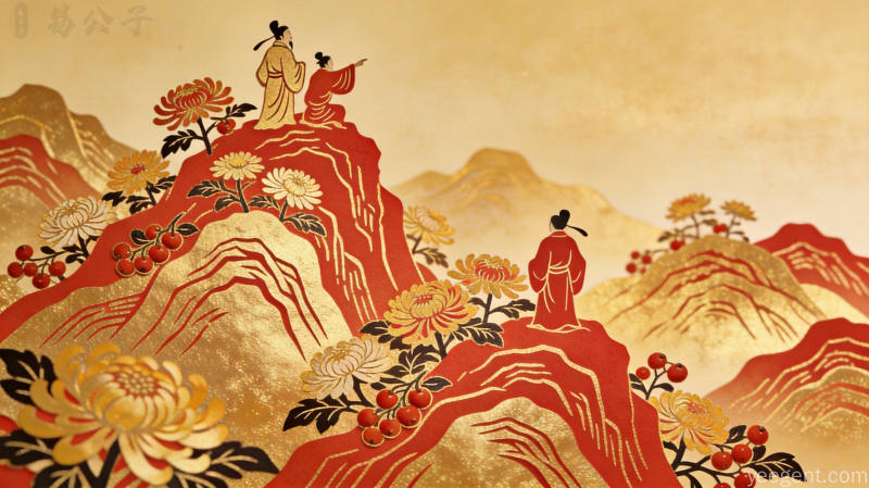 剪纸艺术重阳节意象，层叠山峰与菊花、文人登高远眺，金黄朱红色彩祥瑞吉祥